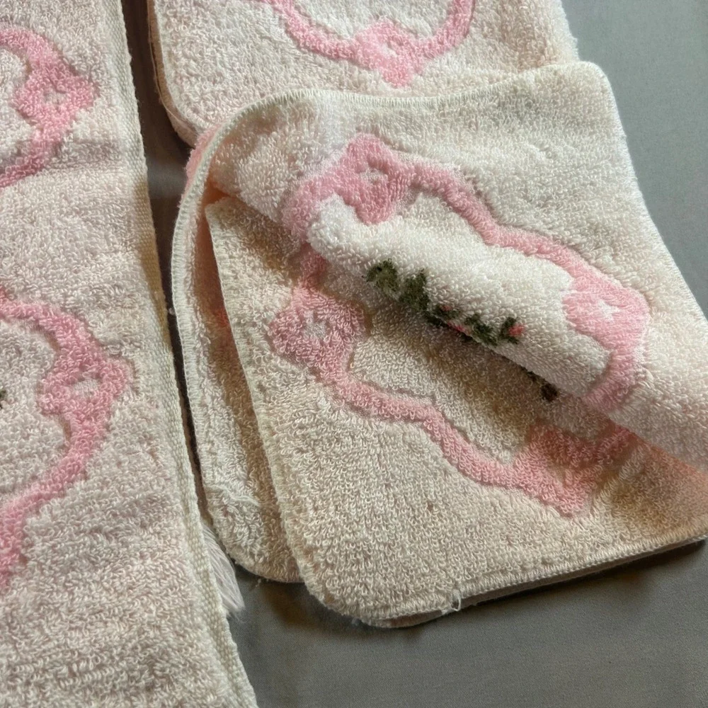 Vintage Cannon Royal Family Pink Rose Floral Towel Set Cotton Fringed 3pc USA
